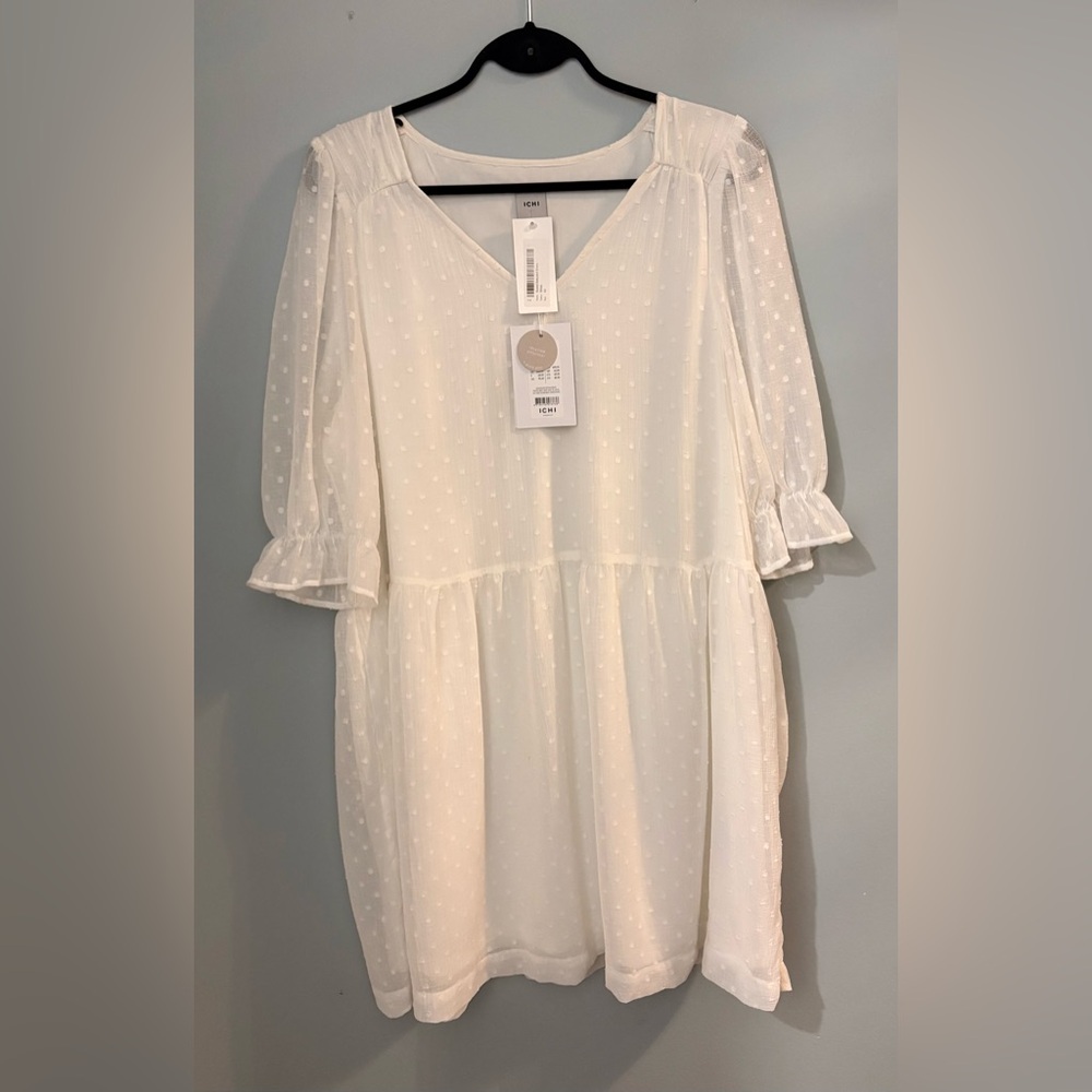 New with Tags. Winter White ICHI dress with a Swiss dot patter. Size 42 Euro